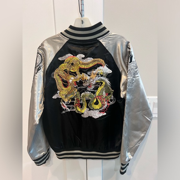 Vtg Sukajan Studio Hiro Satin Bomber Jacket Embroidered Dragons Unisex Medium - Picture 2 of 10